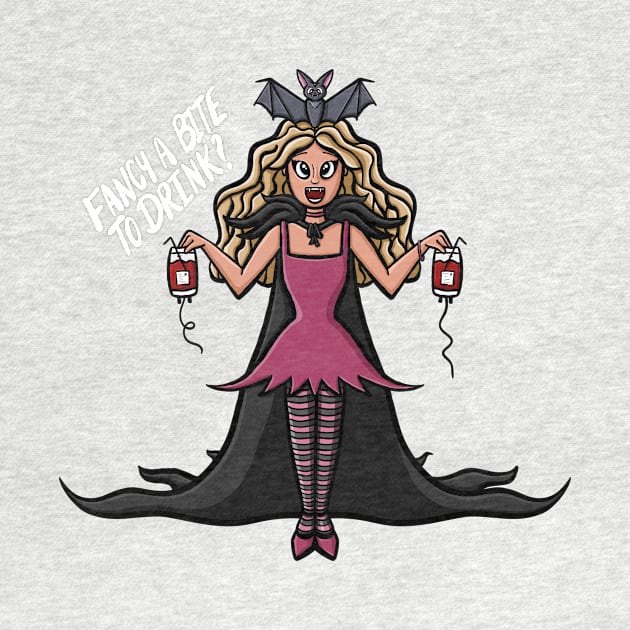 Fancy A Bite To Drink? Vampire Girl and Her Bat Bestie Digital Illustration by AlmightyClaire